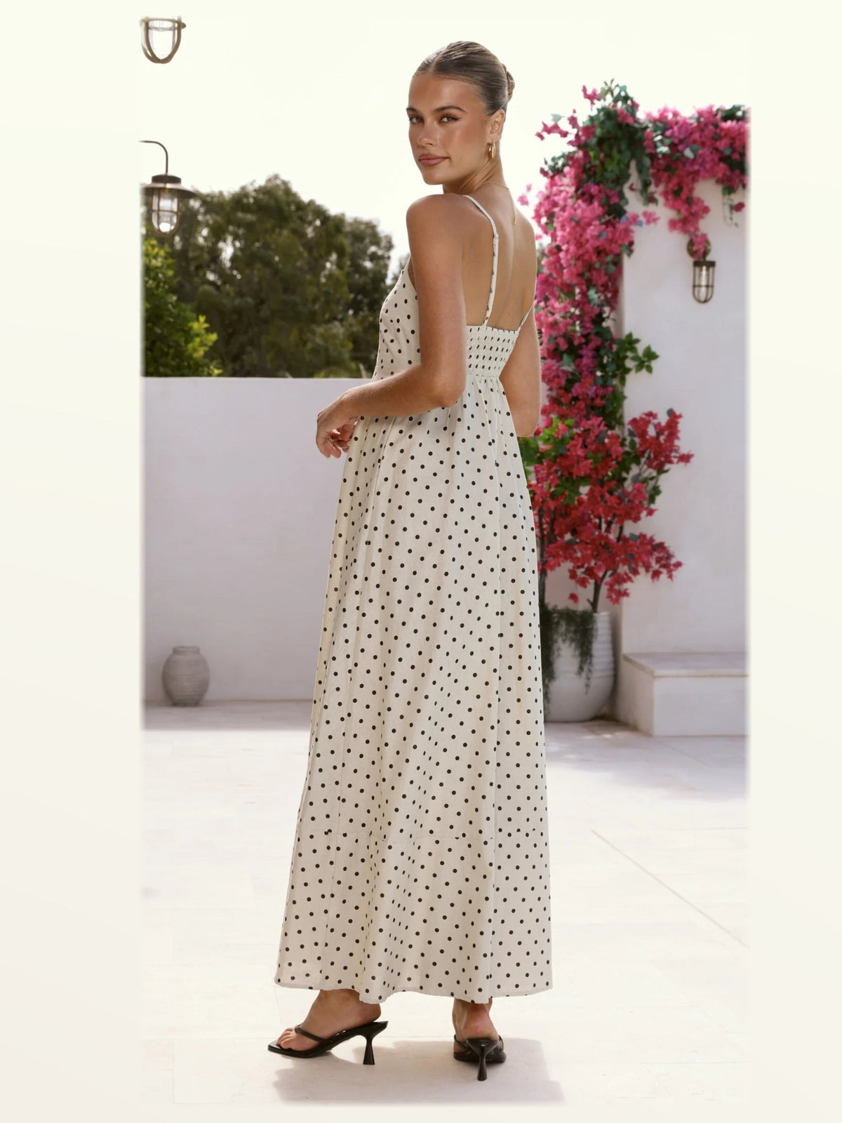 Beige Black Polka Dot maxi formal dress, back full-length view showing the bodice