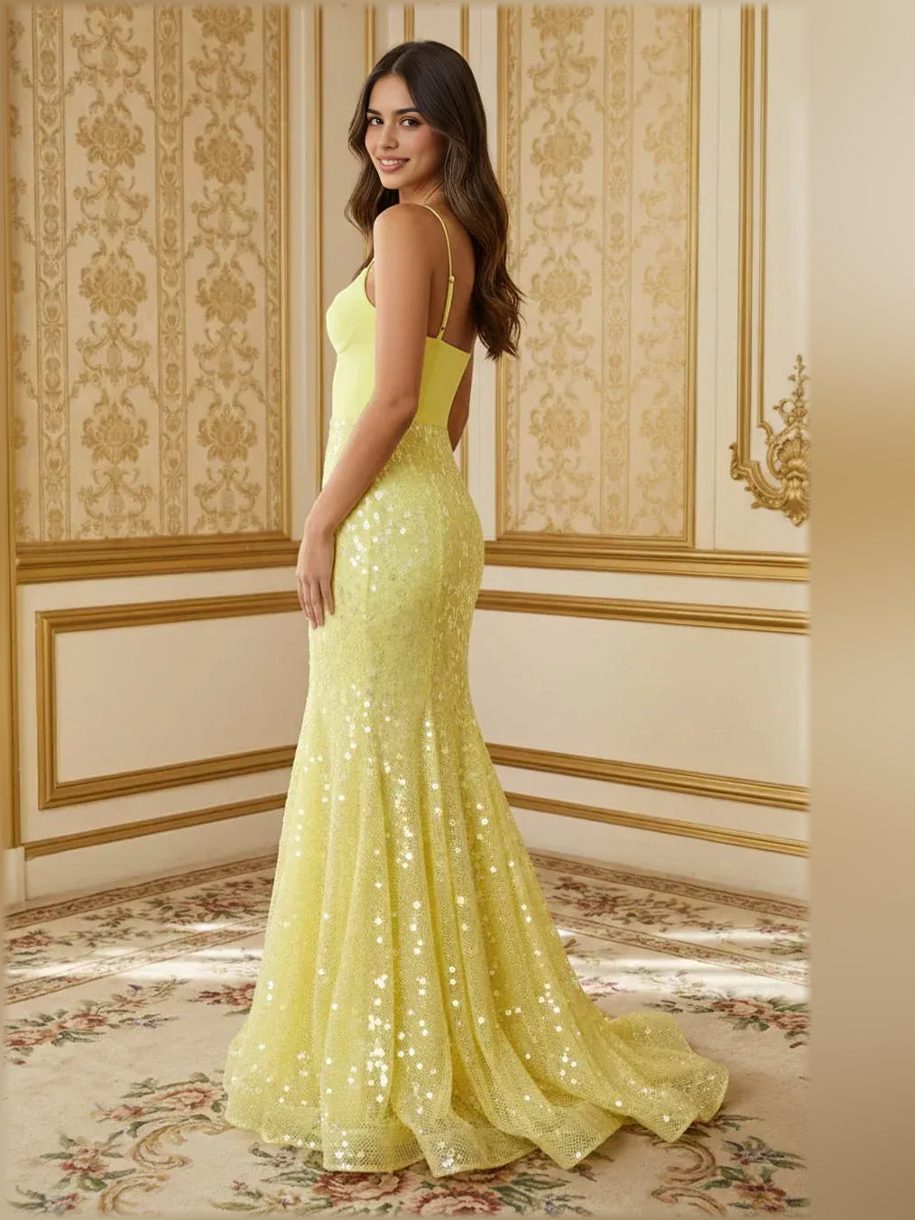 Yellow sequined V-neck corset formal dress, thin straps, floor-length mermaid hem