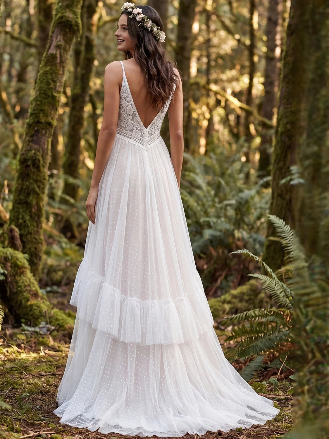 Ivory tulle wedding dress with lace V-neck bodice and tiered ruffle hem