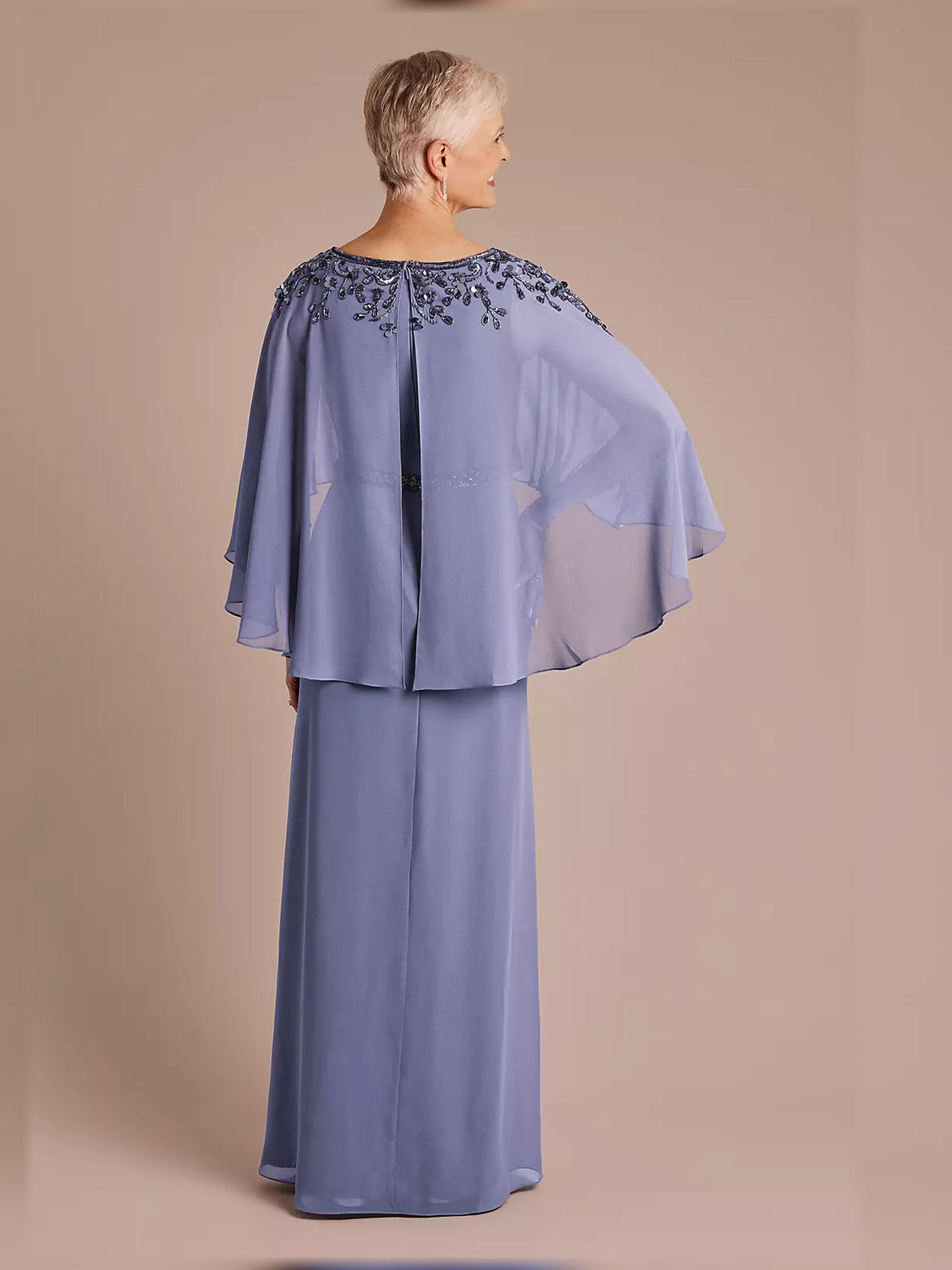 Periwinkle chiffon floor-length dress, cape sleeves, open-back with beaded yoke