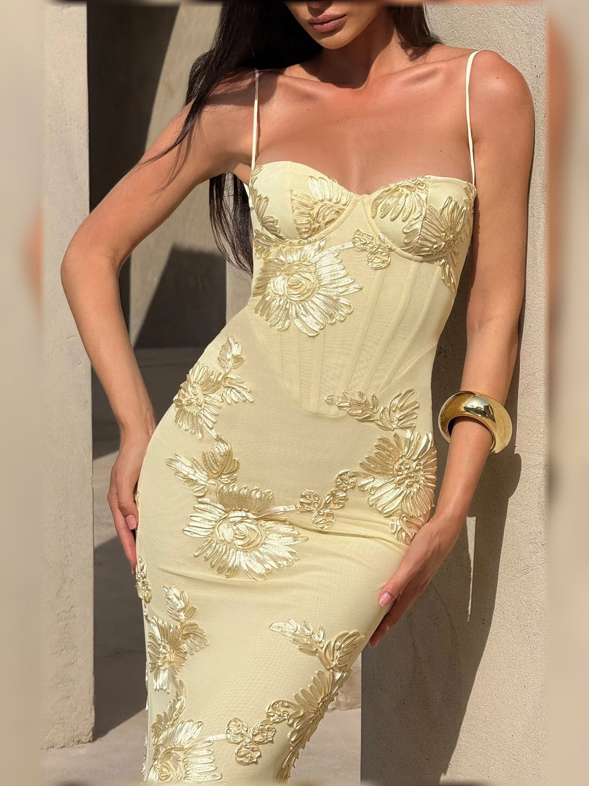 Pale lemon corset formal dress with allover gold floral embroidery, spaghetti straps