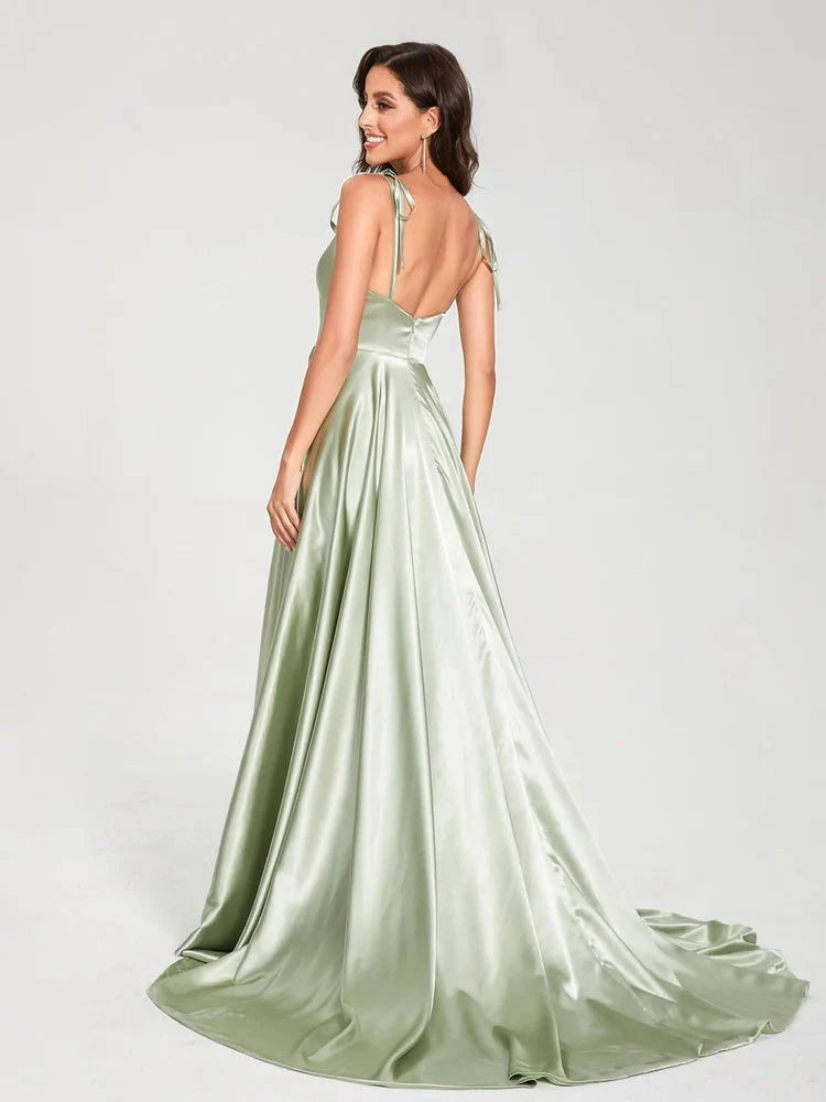 Sage green satin halter A-line formal dress, open-back look, floor-length skirt