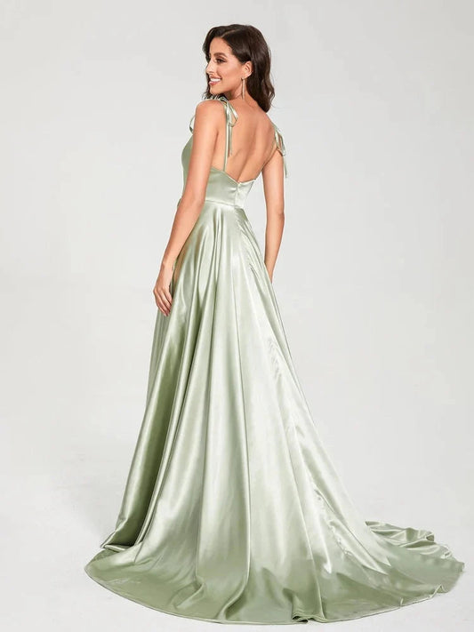 Sage green satin halter A-line formal dress, open-back look, floor-length skirt