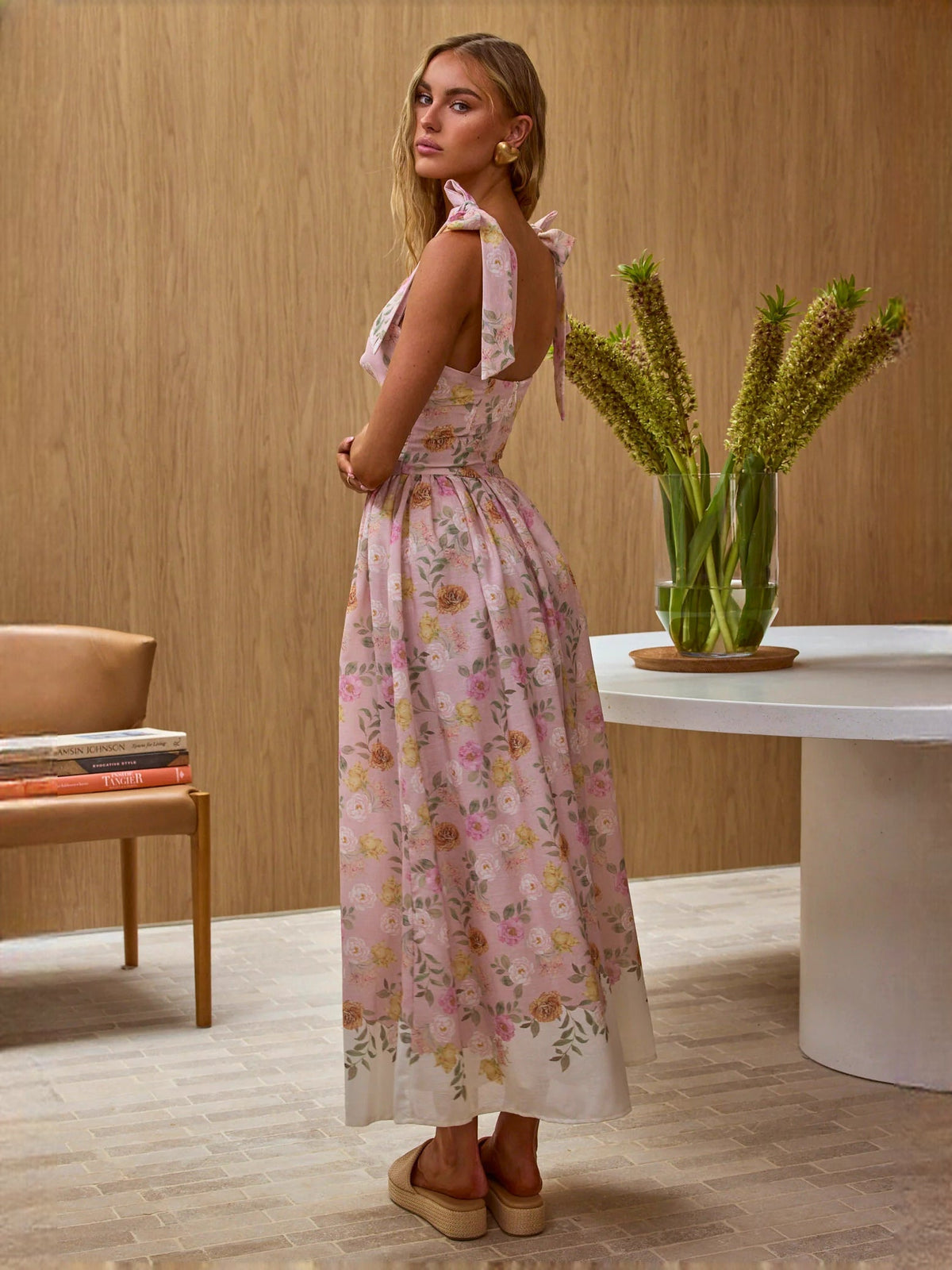 Cream Pink Floral Print a-line maxi formal dress with bow detail, full-length back view