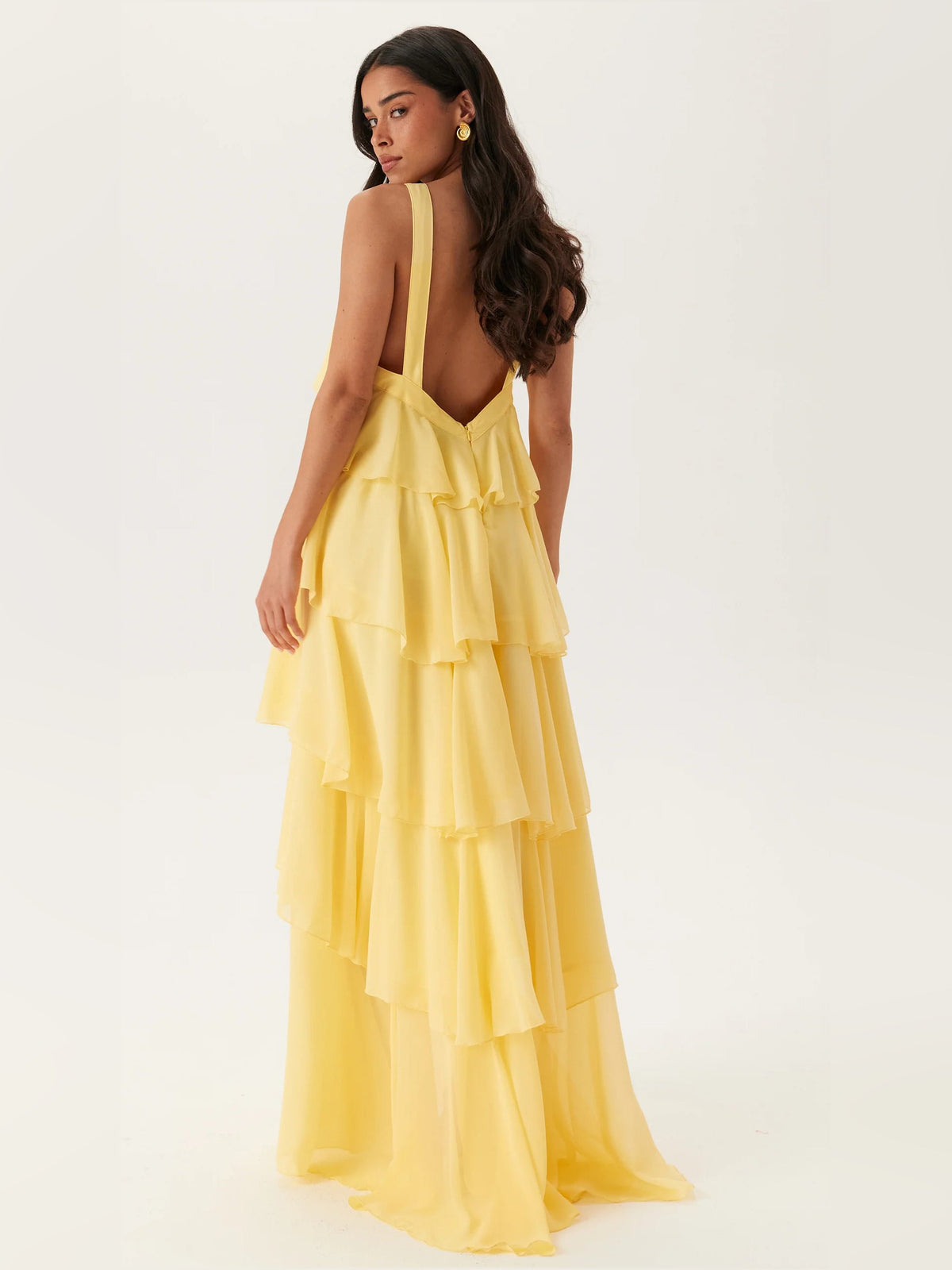 Yellow a-line maxi formal dress with tiered skirt, full-length back view