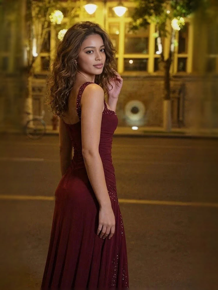 Burgundy ruched sleeveless square-neck sheath prom dress, side view with sparkle