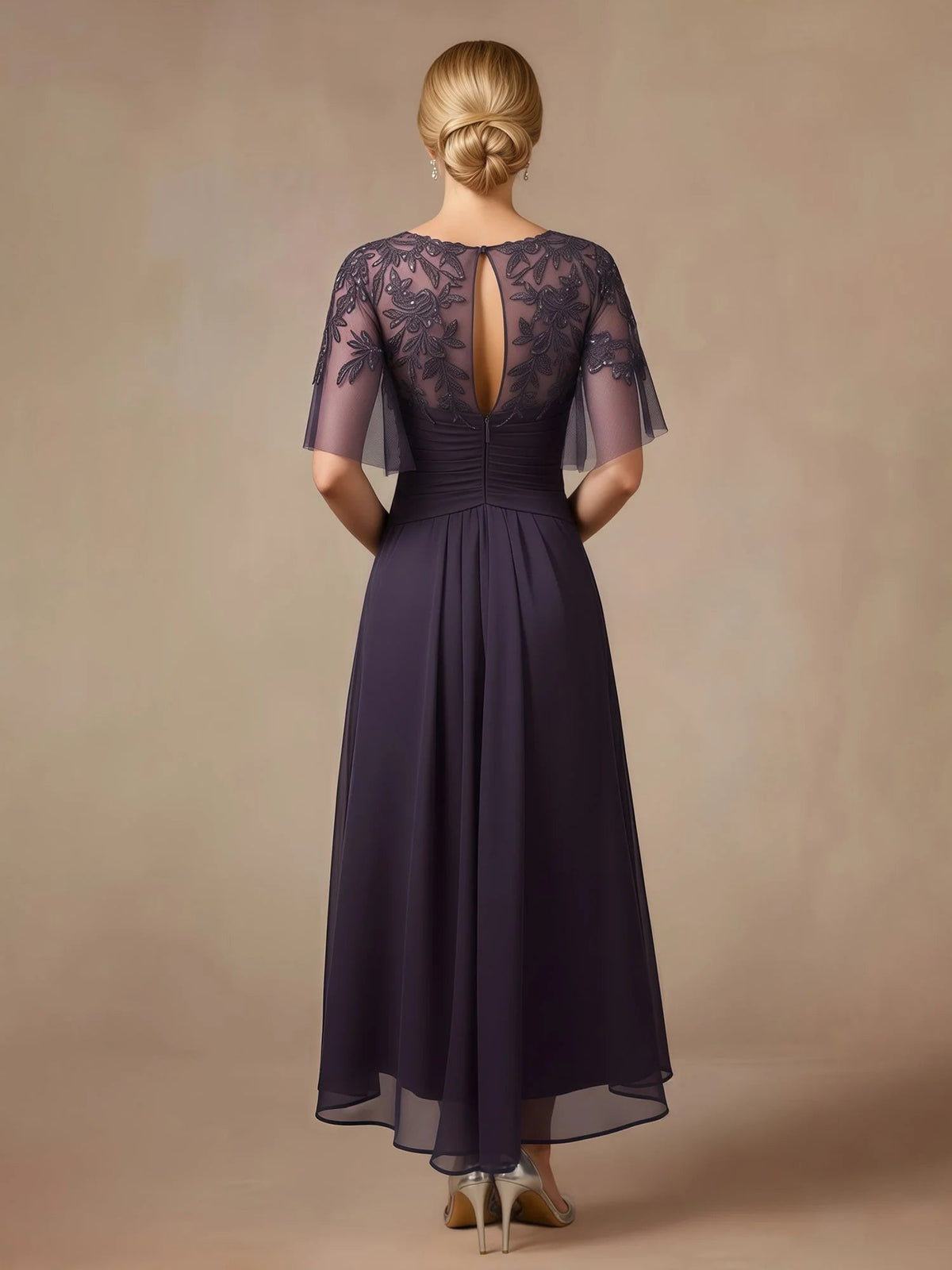 Plum chiffon midi dress, back keyhole with sheer lace sleeves and tiered A-line skirt