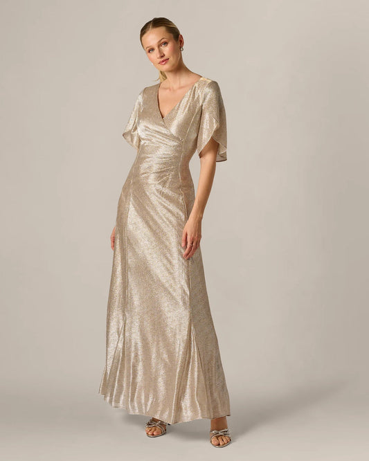 Champagne A-line maxi dress with V-neck and short flutter sleeves