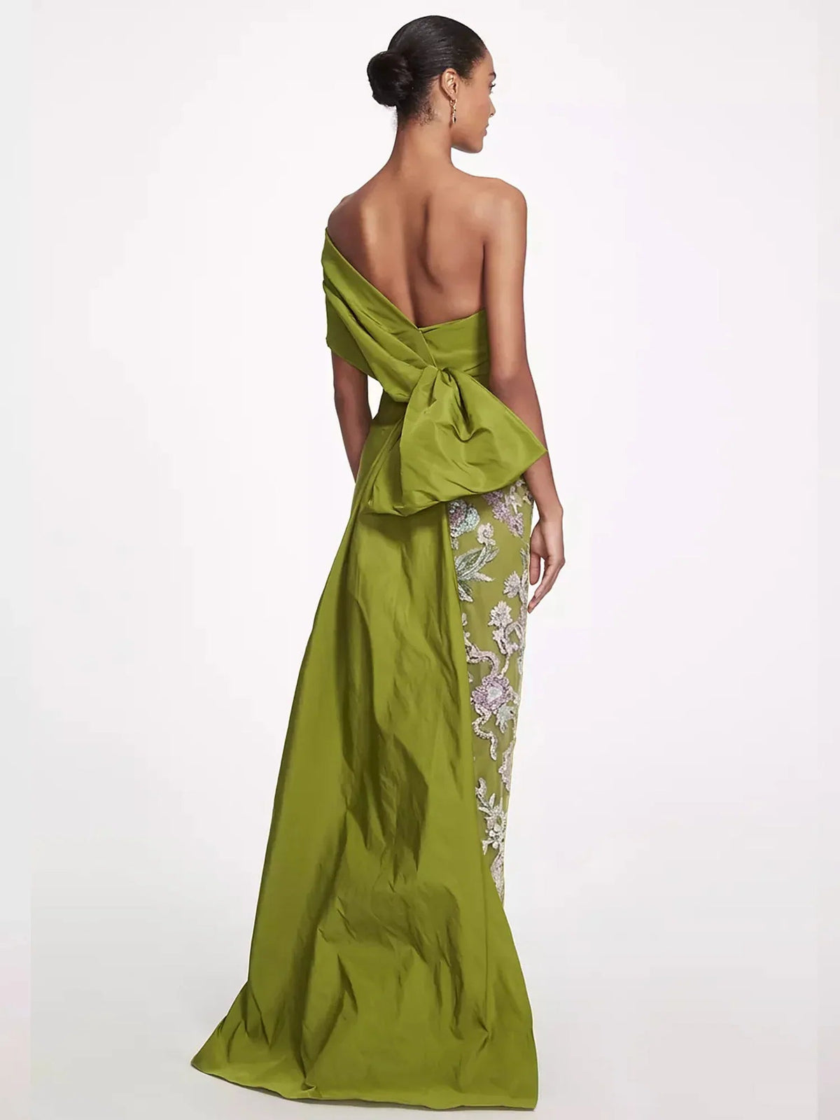 Olive green one-shoulder floor-length dress with floral panel and draped back