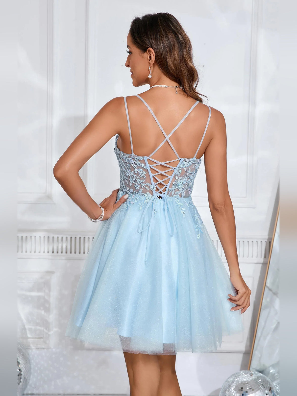 Sky blue A-line short tulle homecoming dress, lace bodice with crisscross back straps