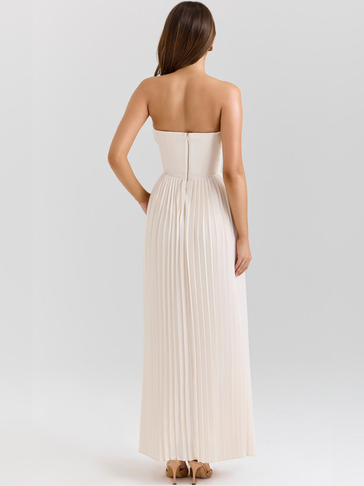 Ivory pleated maxi dress with spaghetti straps, open back