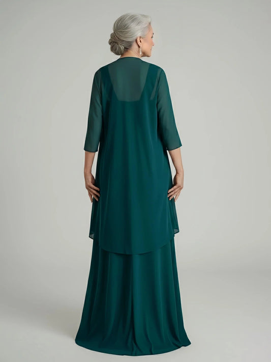 Peacock teal A-line mother of the bride dress, three-quarter sleeves, back drape