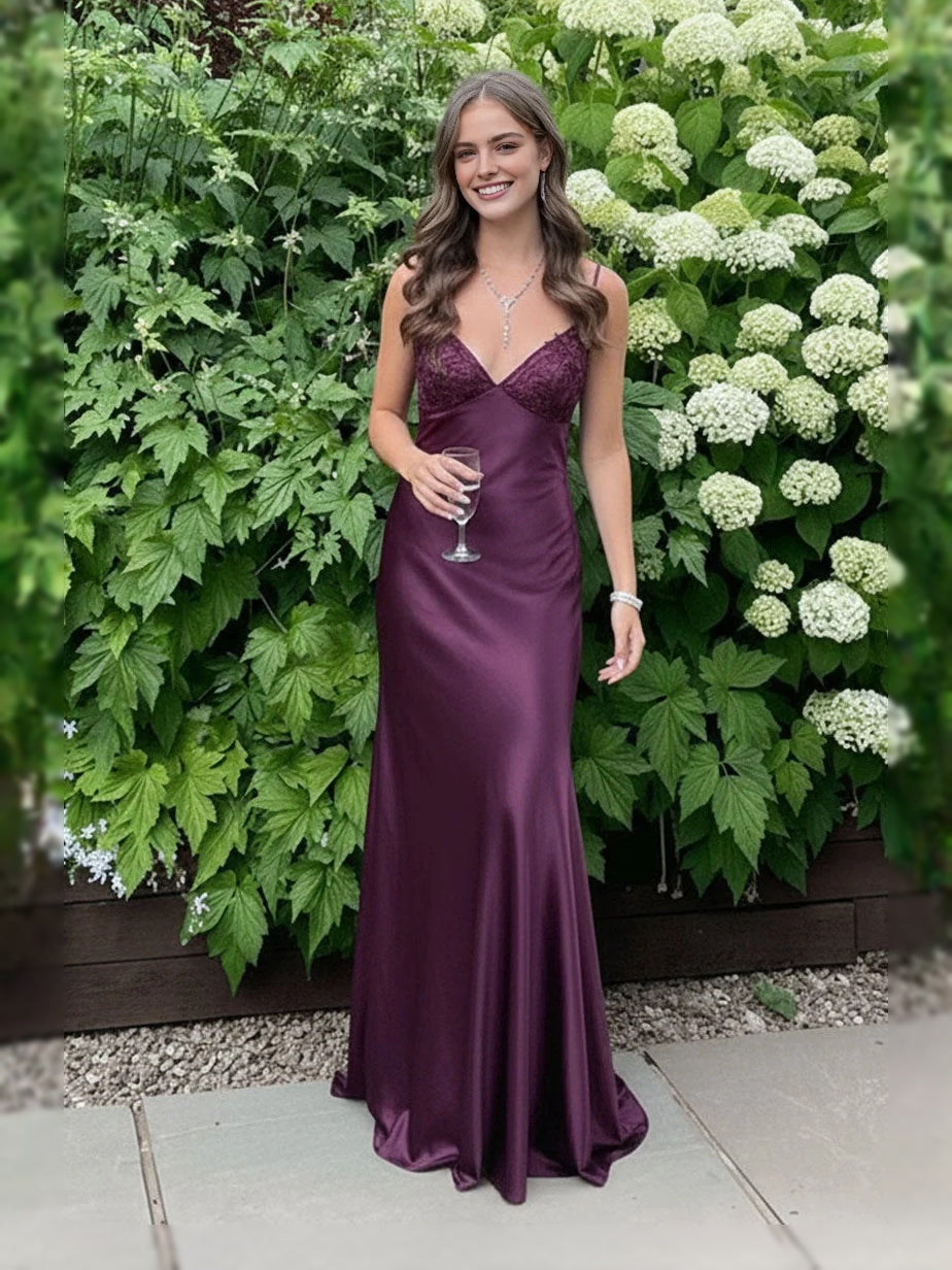 Purple satin sheath prom dress, sleeveless V-neck maxi with smooth fitted silhouette.