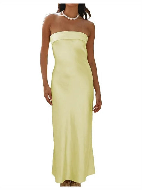 Pale Yellow sheath maxi formal dress with sheath, full-length back view