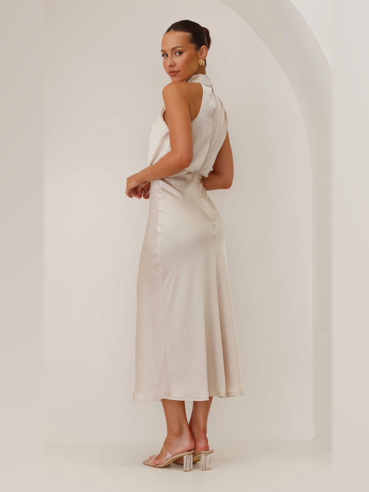 Champagne midi formal dress, back full-length view showing the bodice