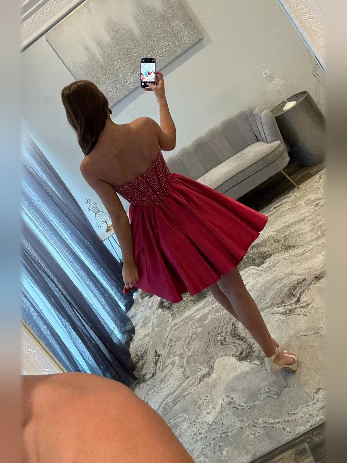Crimson red beaded corset sweetheart mini A-line satin dress, sleeveless, back view