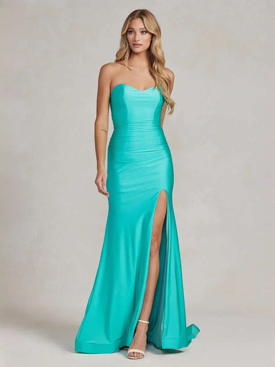 Aqua strapless mermaid prom dress with ruched bodice and front slit, satin finish