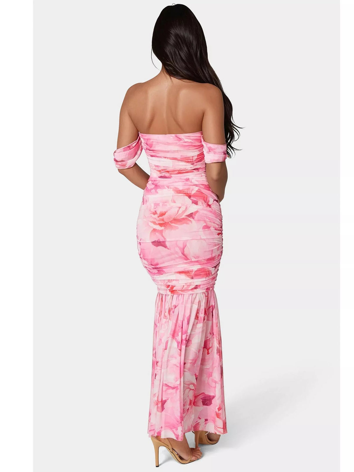 Pink floral off-shoulder maxi dress, ruched back and fitted mermaid-style skirt