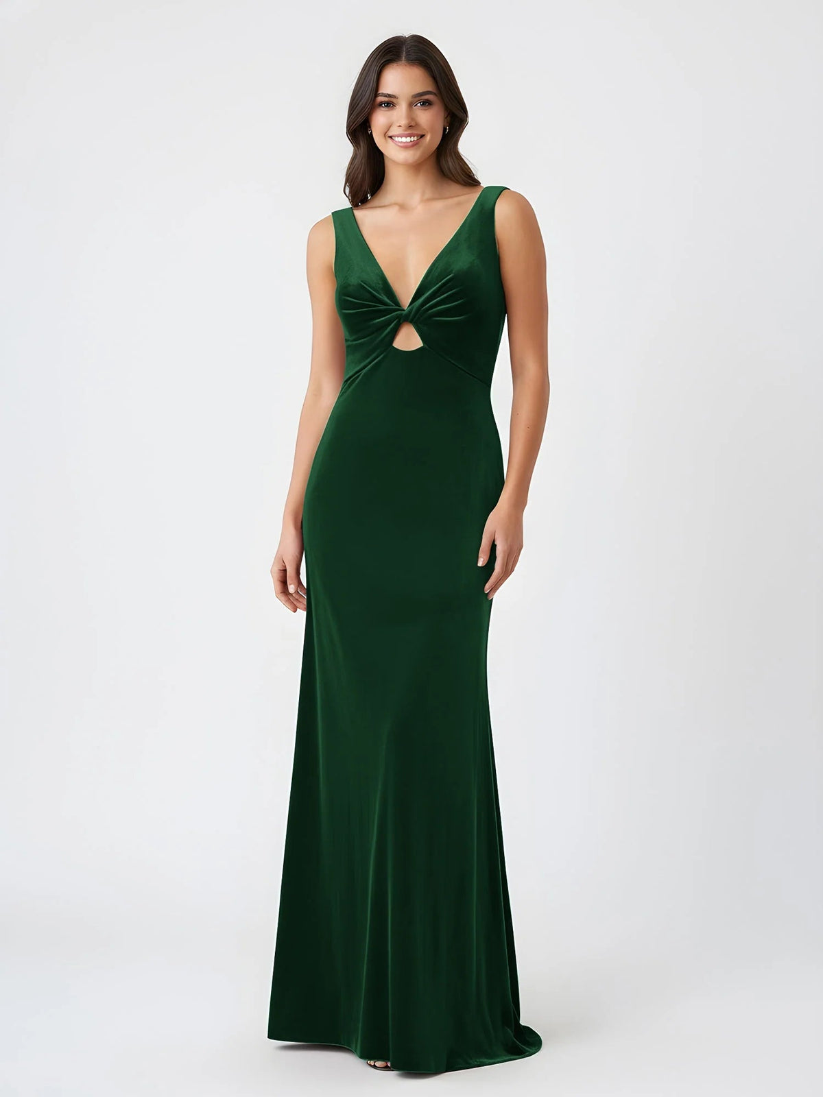 Dark green V-neck cutout mermaid formal dress, sleeveless with twist bodice