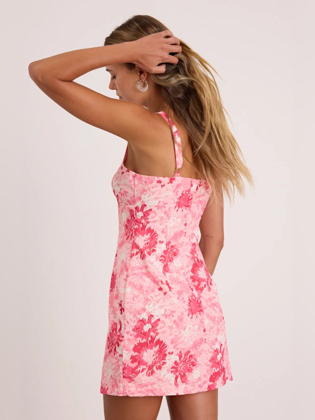 Pink floral sleeveless mini dress with open back
