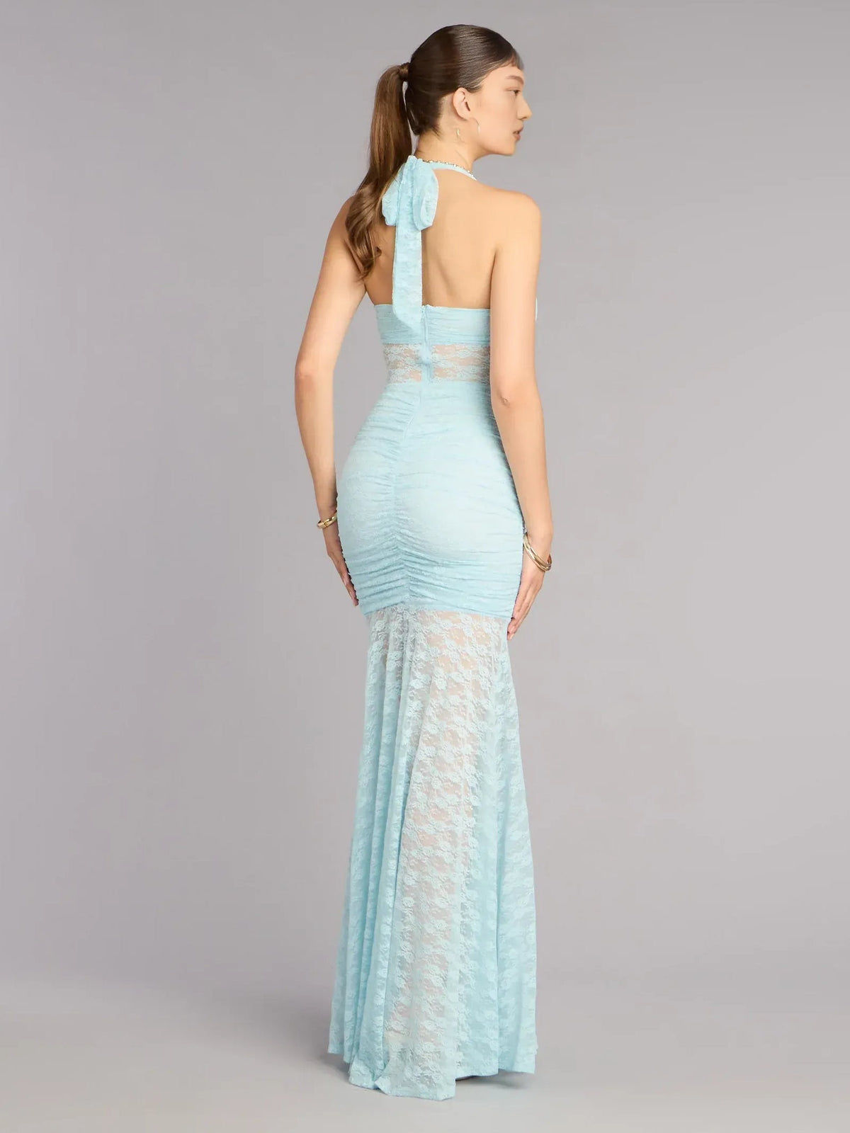 Light blue halter corset formal dress, lace ruching back, floor-length silhouette