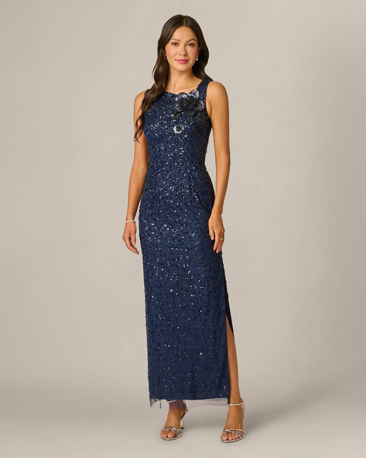 Light navy sequin maxi dress with spaghetti straps and front slit, A-line fit