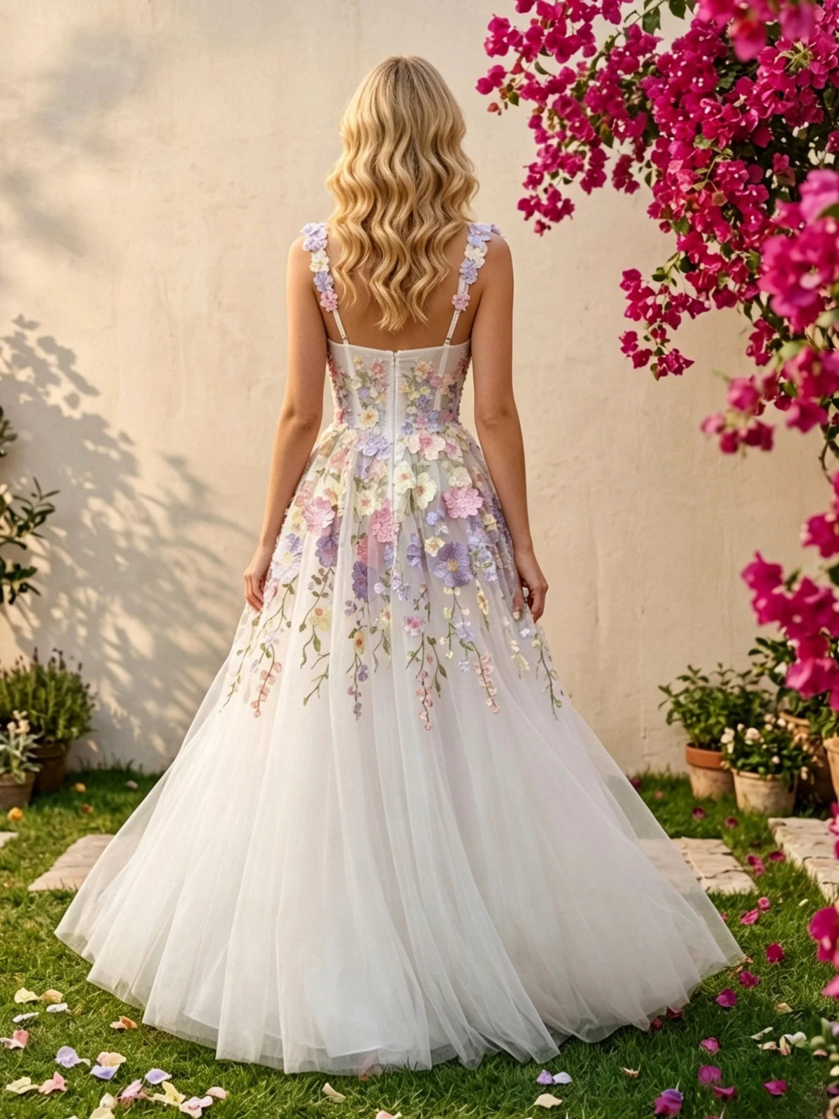 Back view of ivory tulle A-line wedding dress with floral corset, thin shoulder straps