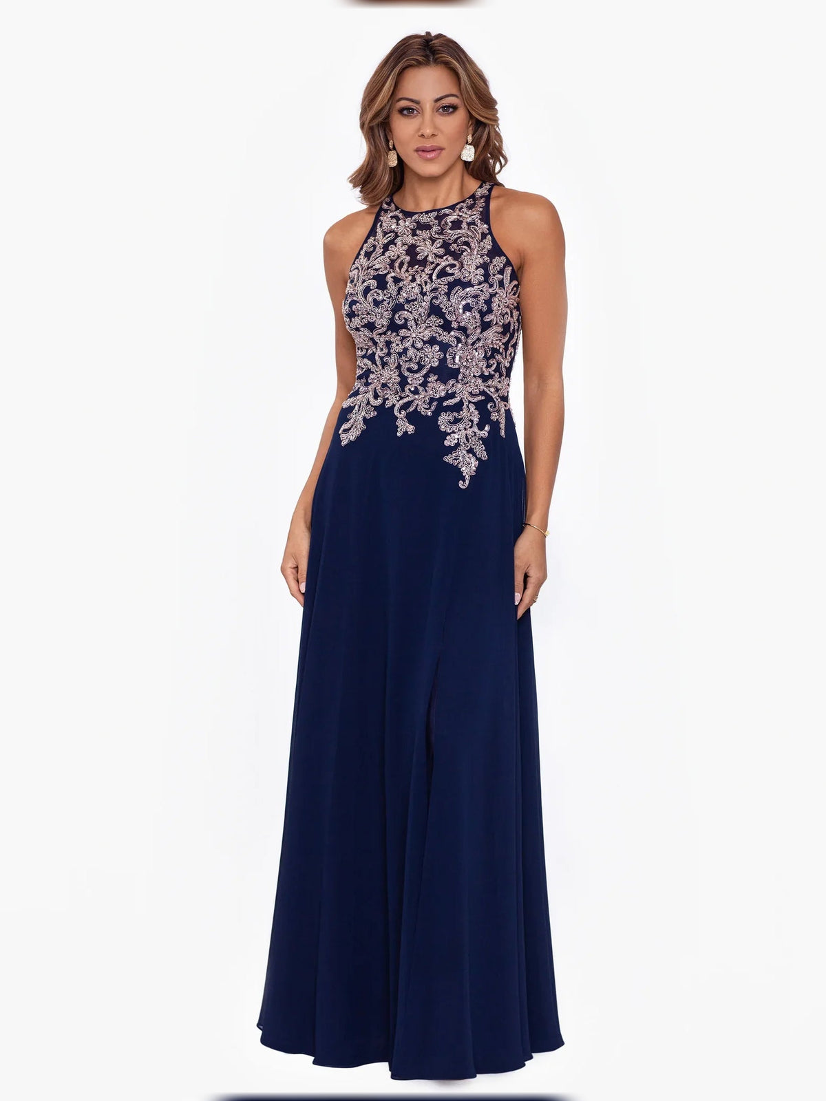 Dark navy halter A-line floor-length dress with ornate beaded bodice