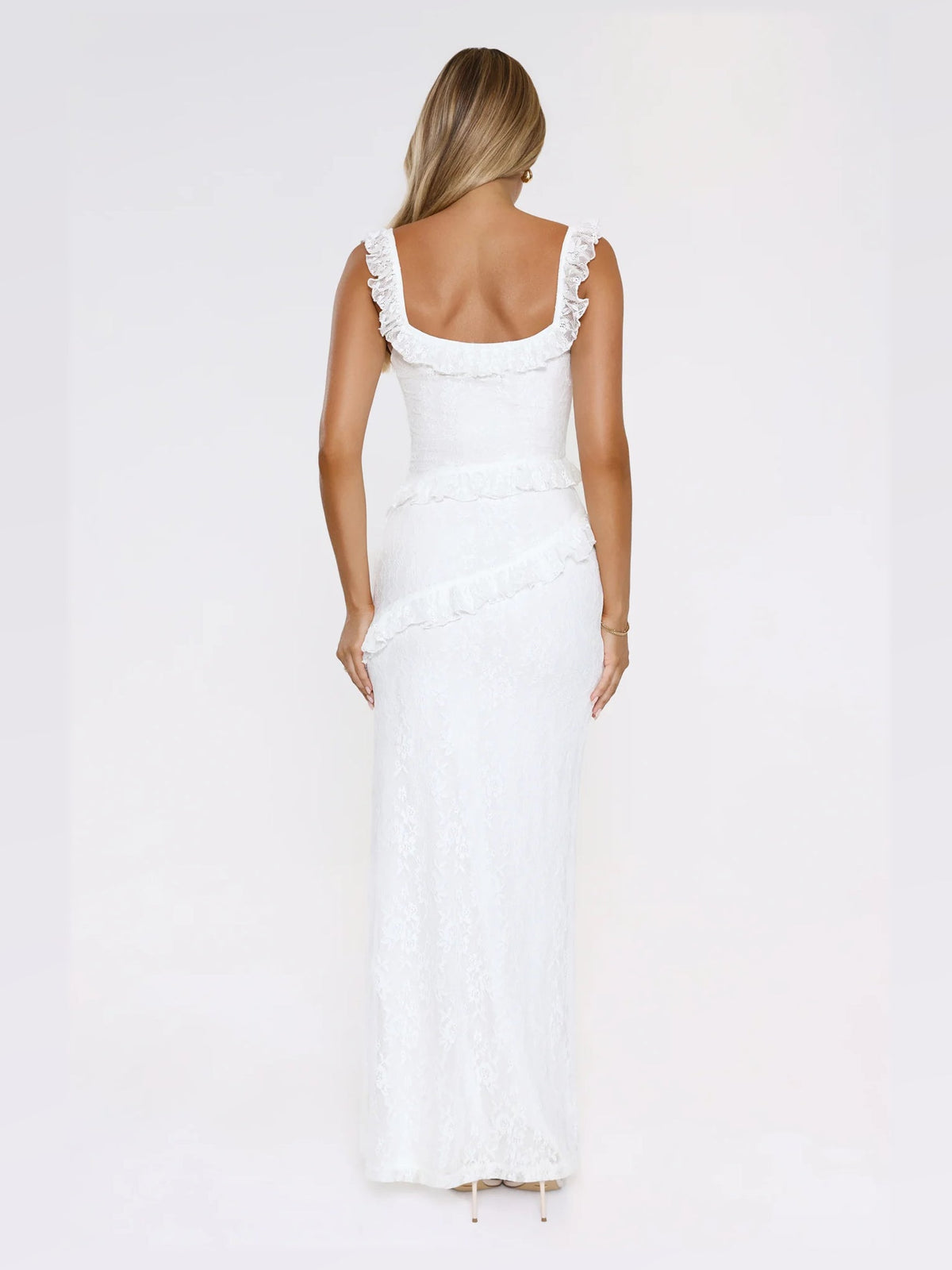 White maxi formal dress, back full-length view showing the bodice