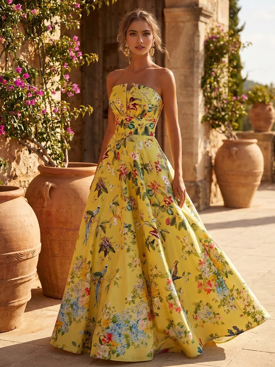 Floral strapless A-line prom dress in yellow, floor-length satin with full gathered skirt