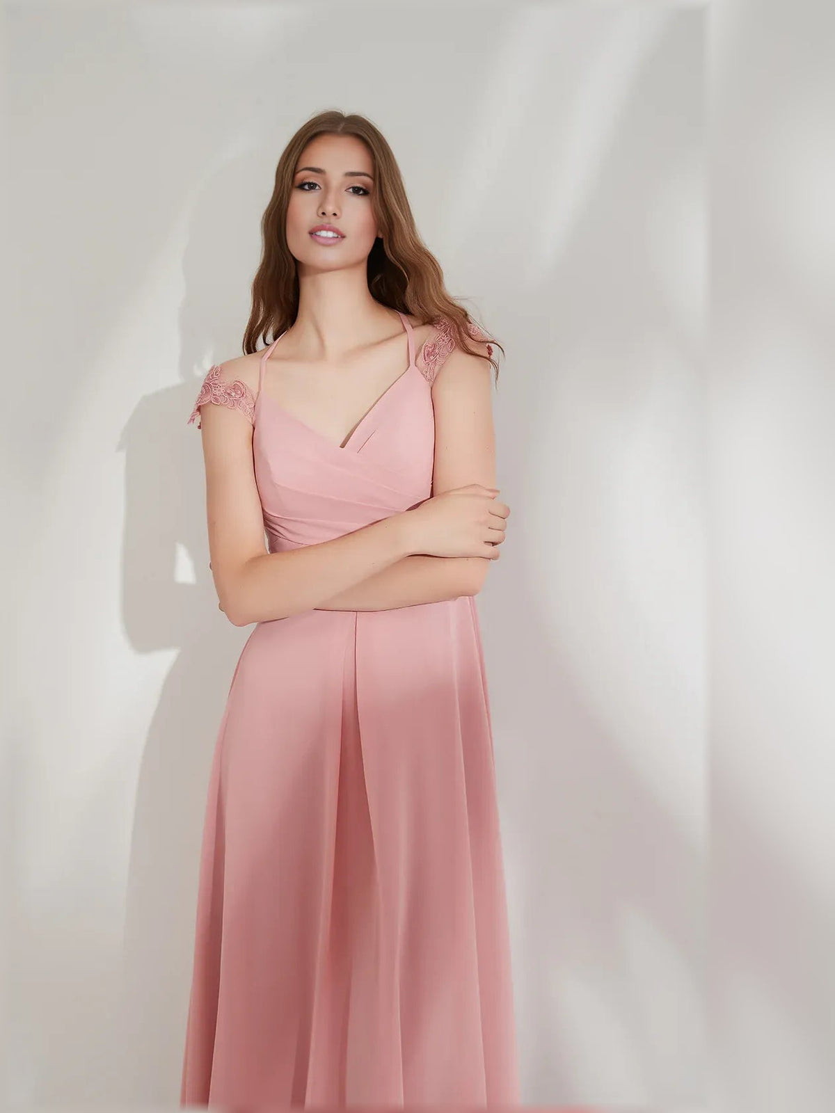 Peach V-neck ruching A-line formal maxi dress with cap sleeves and draped skirt