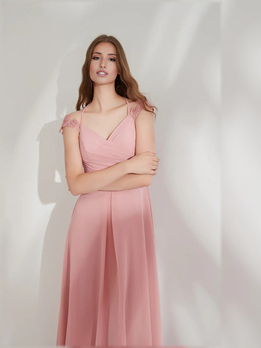 Peach V-neck ruching A-line formal maxi dress with cap sleeves and draped skirt