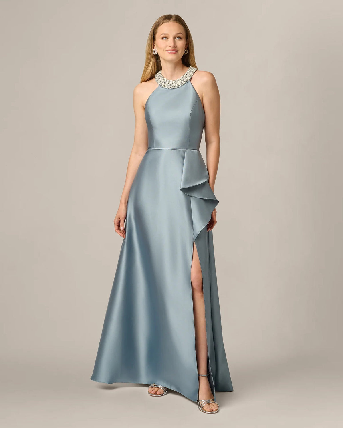 Ice blue halter A-line maxi dress with side slit and tiered draped overlay