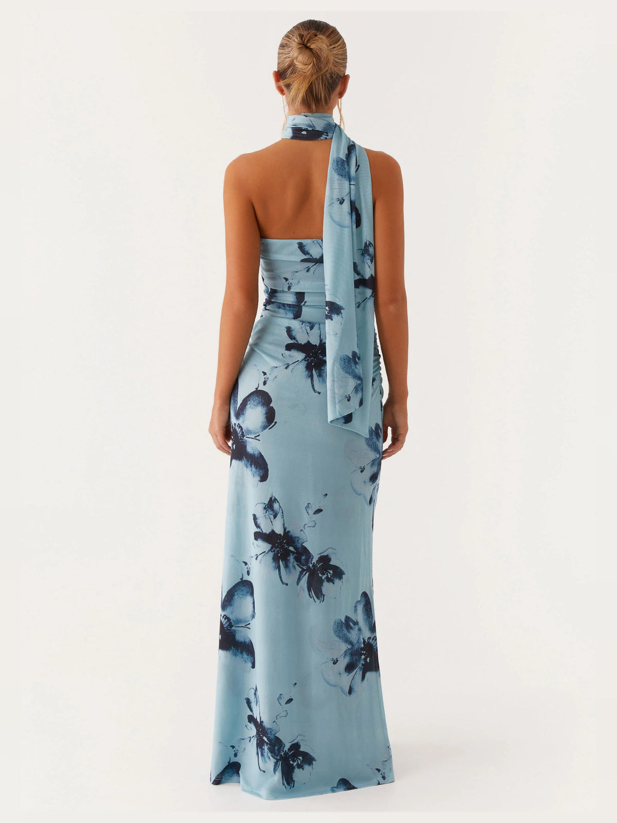 Blue Black Floral sheath maxi formal dress with floral print, full-length back view