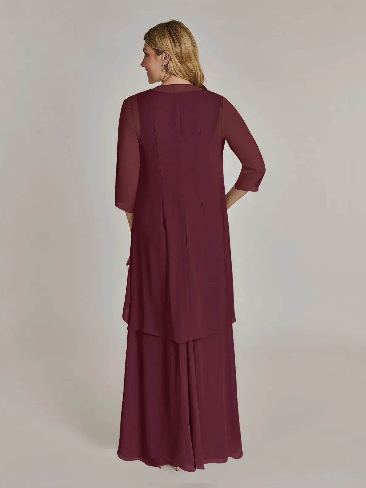 Cabernet chiffon maxi dress, back view, draped detailing and layered ruffle hem