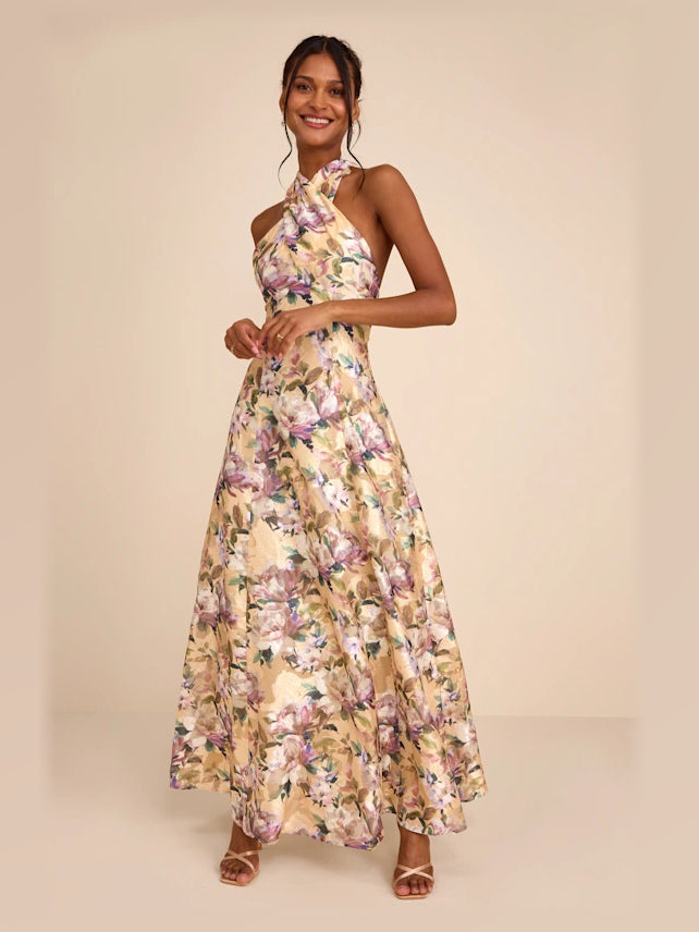 Light Yellow Floral formal dress with a-line silhouette