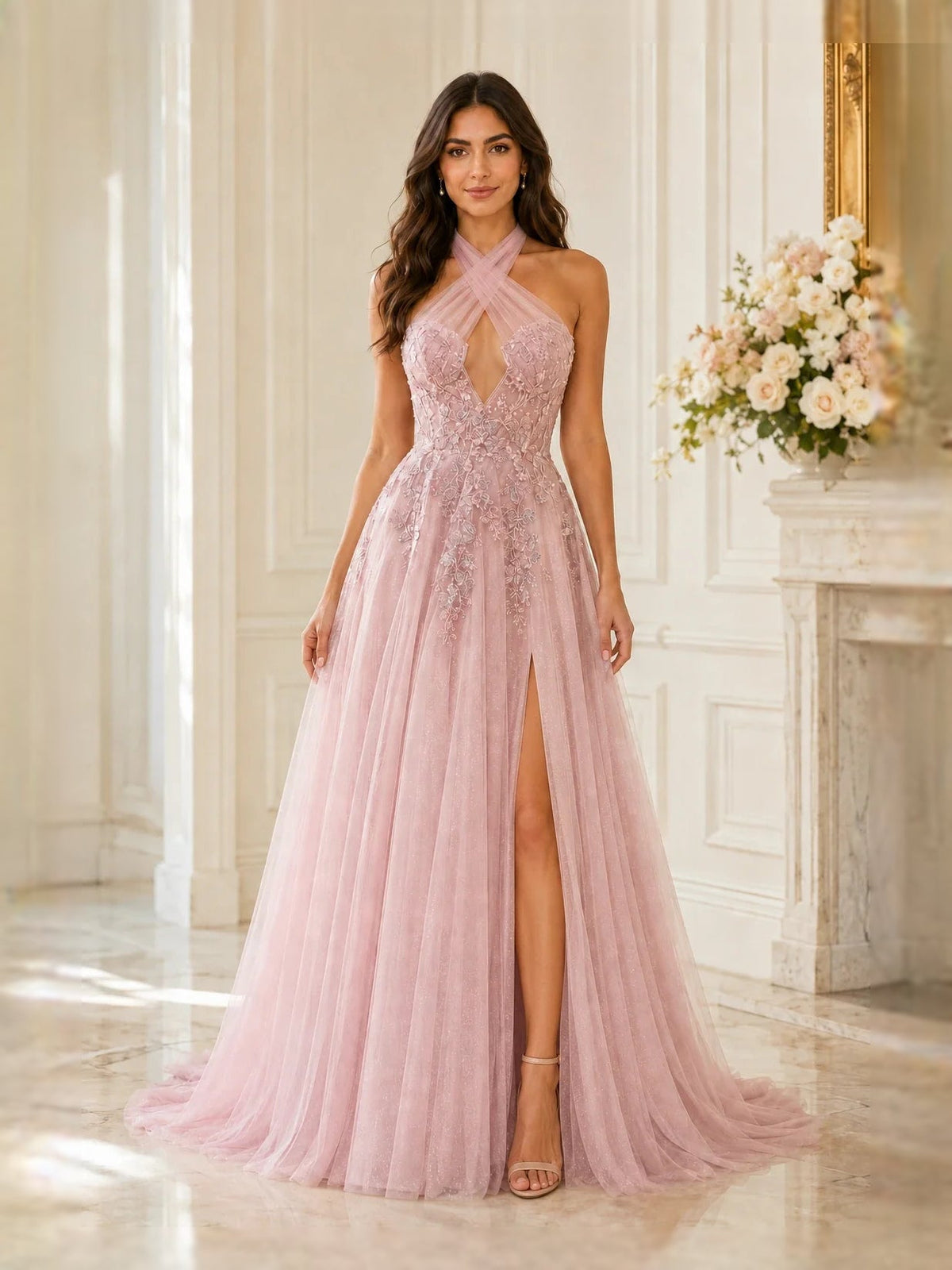 Pink halter-neck tulle prom dress with floral lace bodice and long A-line front slit.
