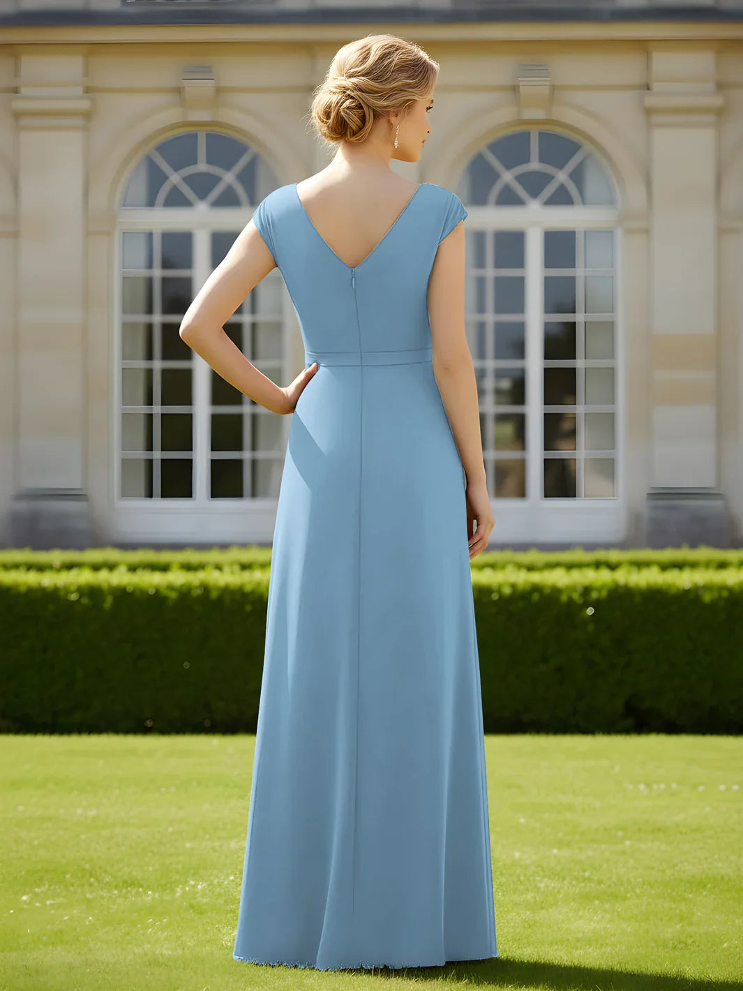 Ruched V-neck A-line chiffon mother-of-the-bride dress, steel blue, V-back, side view