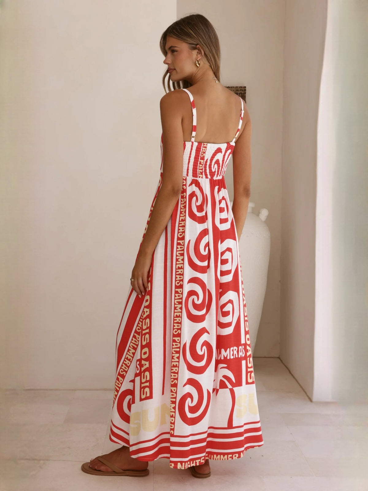 Print a-line maxi formal dress with printed pattern, full-length back view