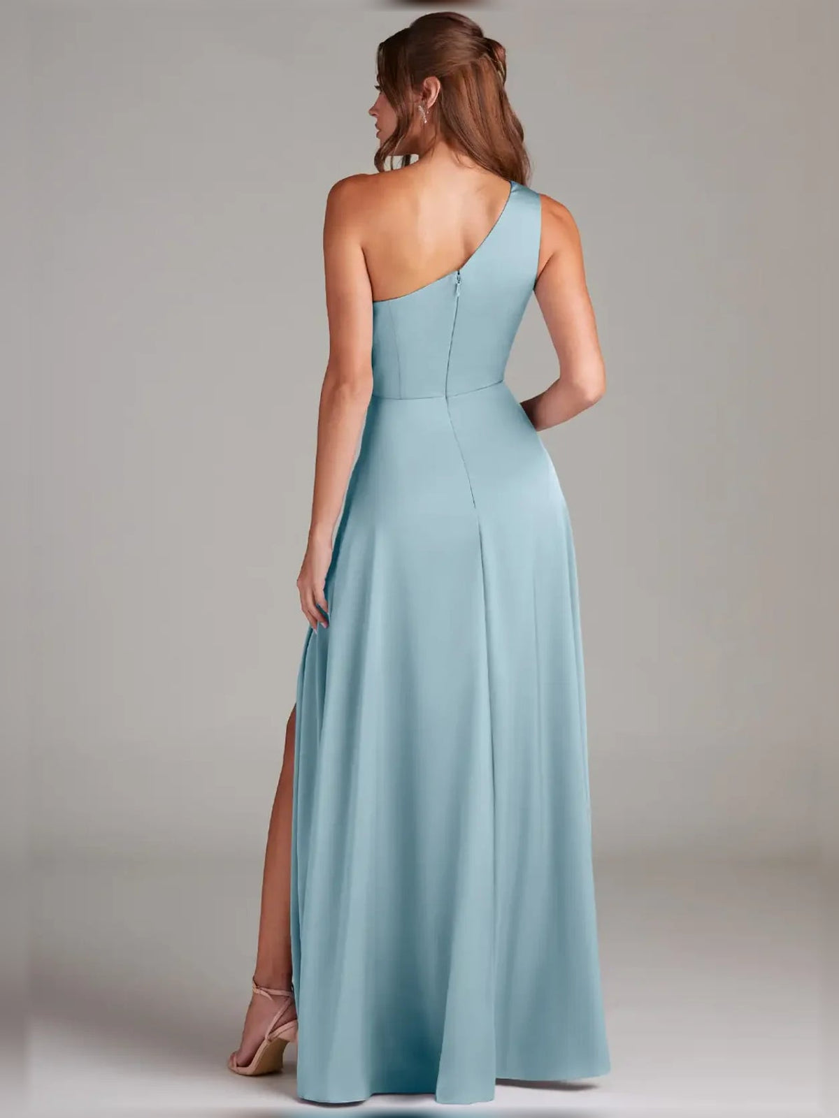Sky blue one-shoulder formal A-line dress with open back and side slit
