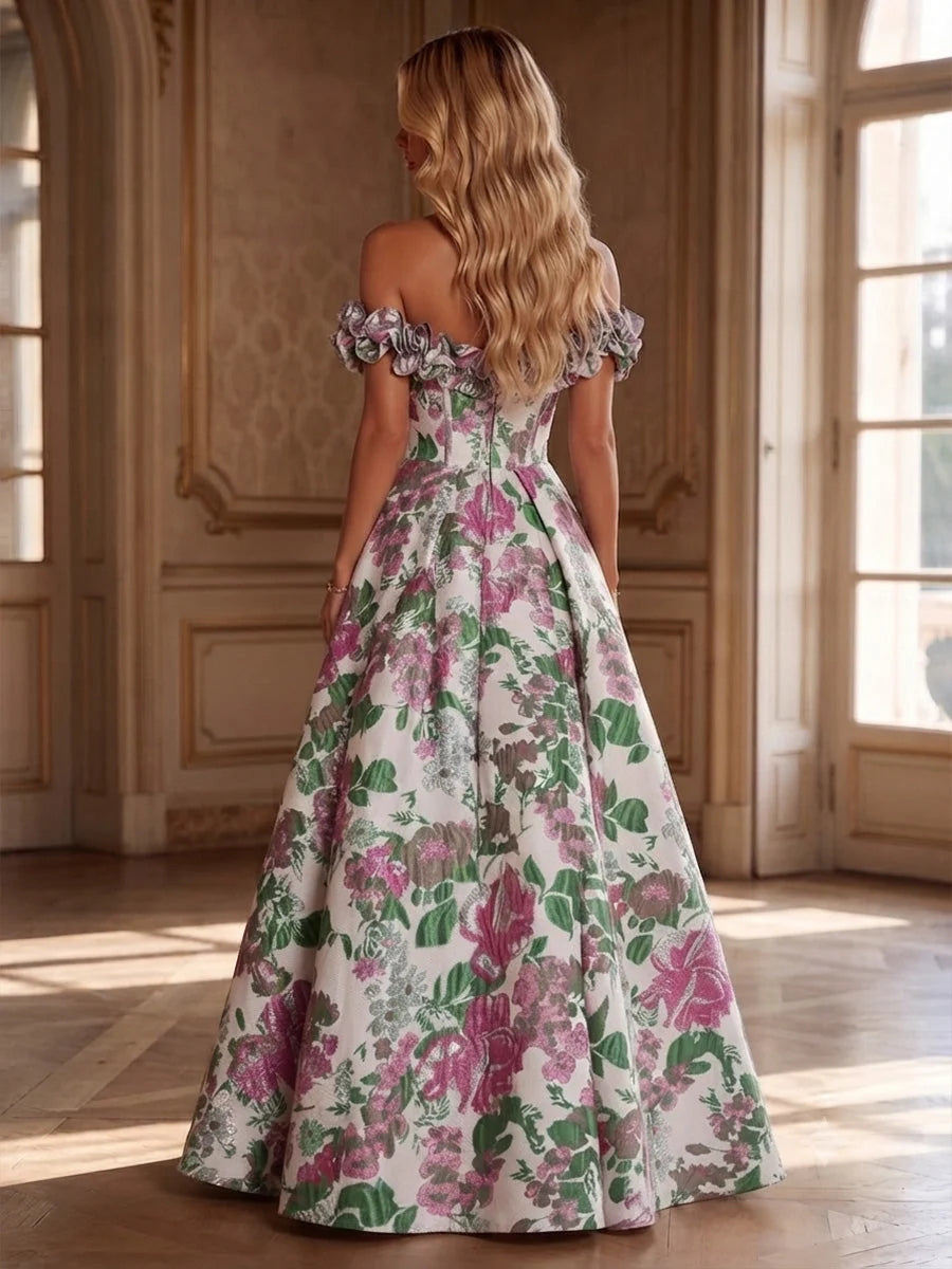 Back-view pink and green floral off-shoulder corset ruffle A-line prom dress, floor-length