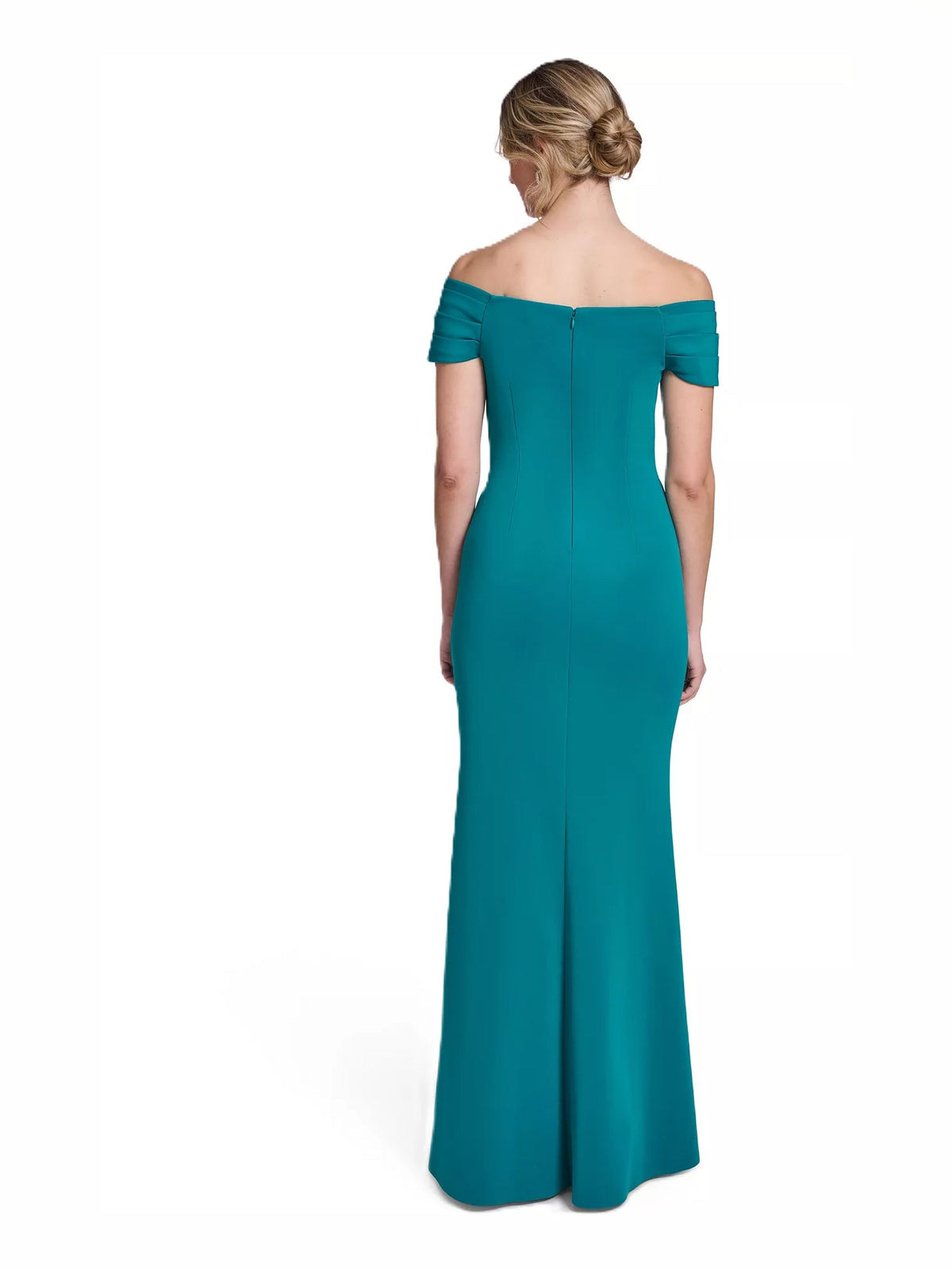 Teal off-the-shoulder floor-length dress, back view with draped ruched detail