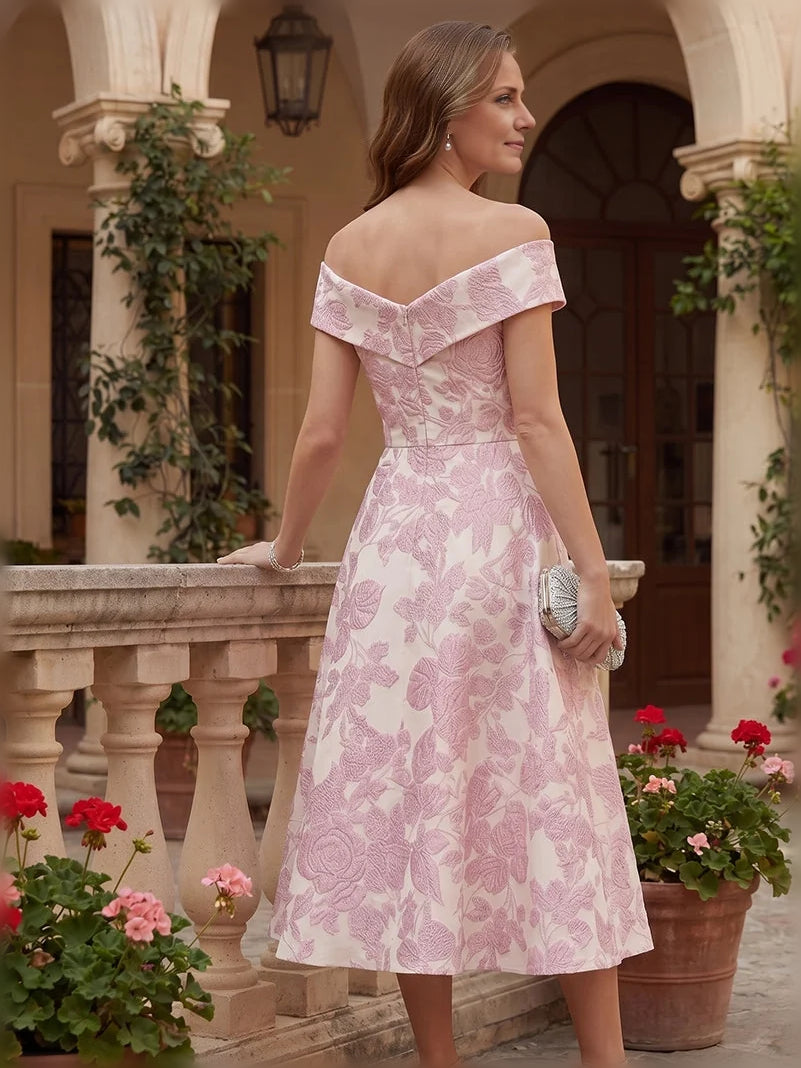 Back view: off-shoulder A-line tea-length dress with pink floral pattern