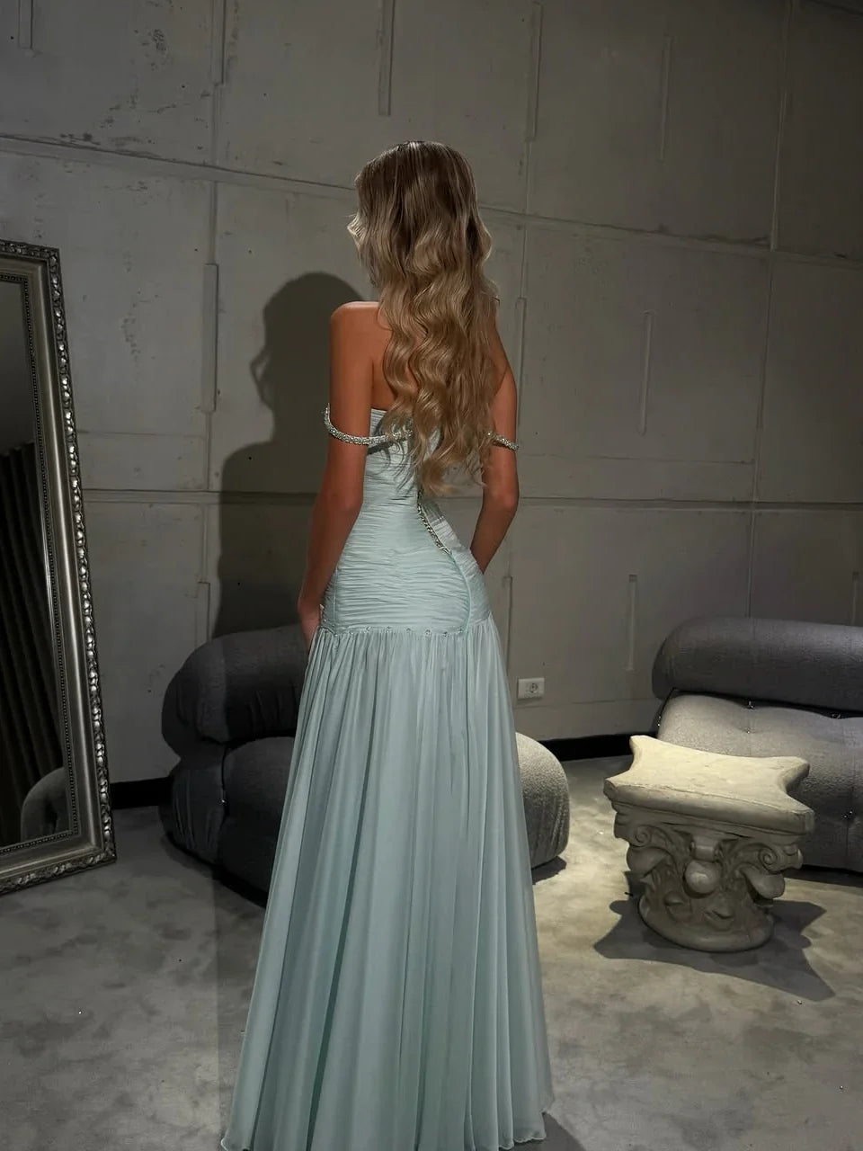 Baby blue off-shoulder formal dress, ruched back, tiered floor-length skirt