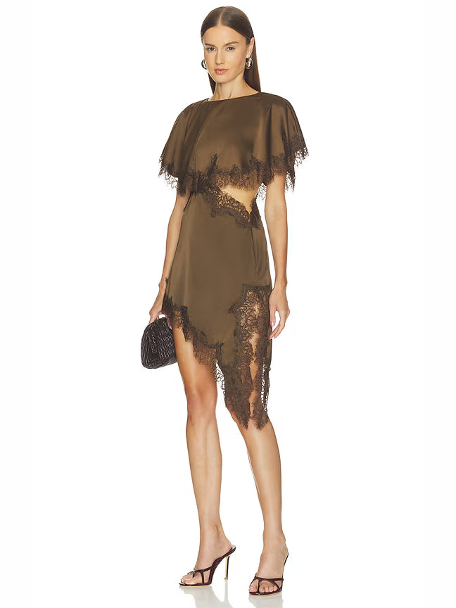Brown cut-out mini dress with lace trim and asymmetrical hem