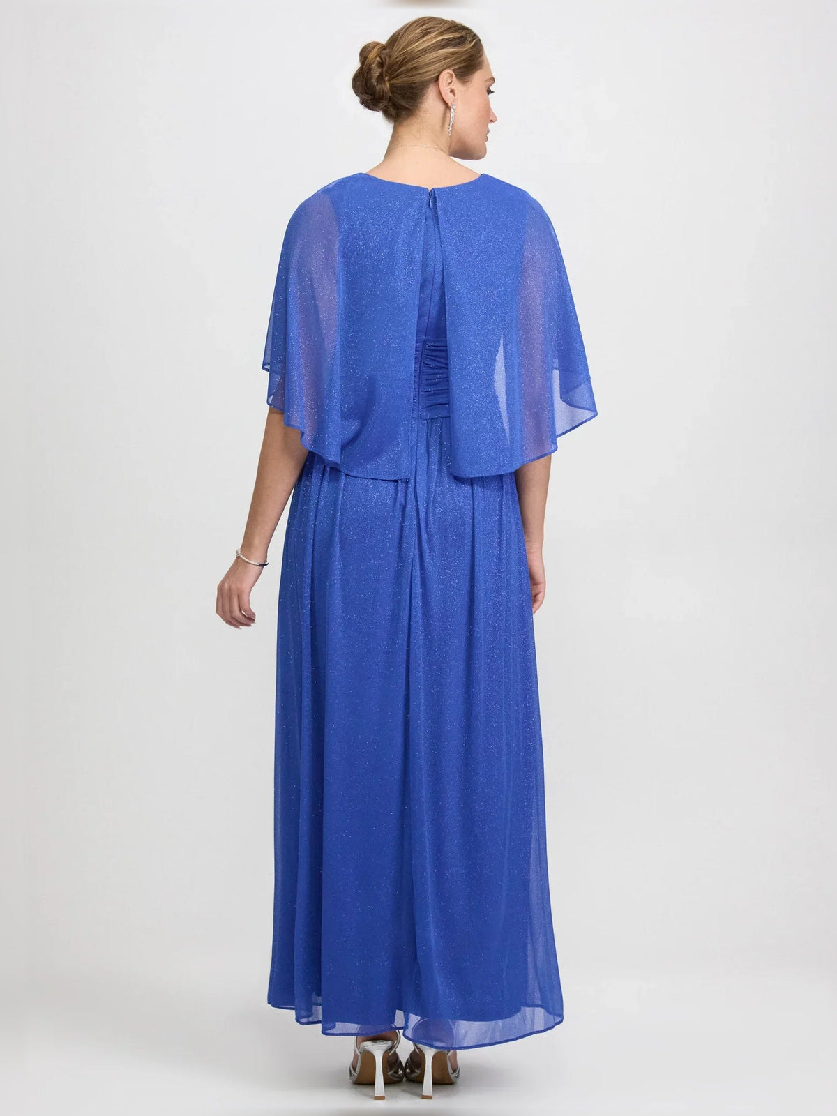 Blue chiffon V-neck A-line dress back view, ruched waist, flutter sleeves