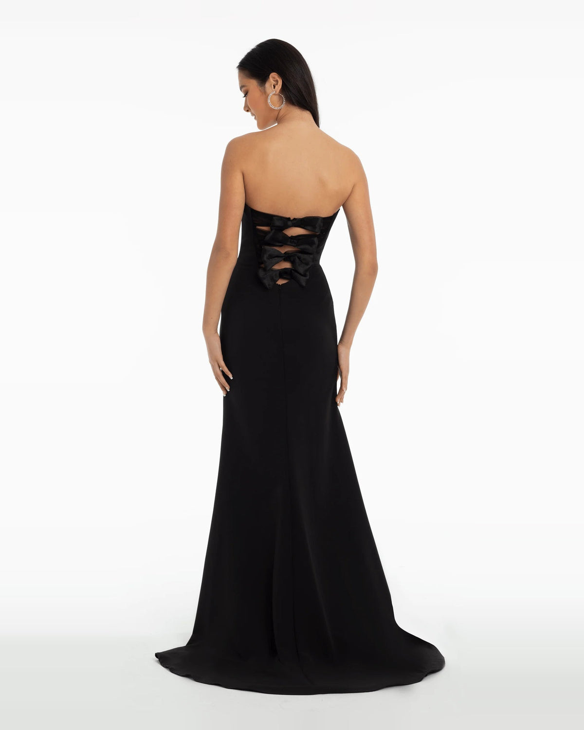 Black strapless sweetheart backless maxi prom dress with corset-style bow detail