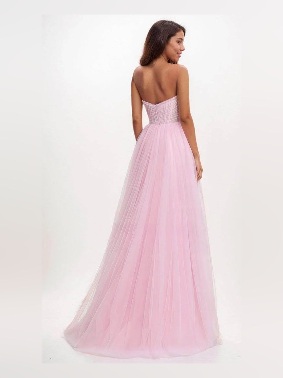 Light pink sweetheart A-line maxi tulle prom dress, open-back corset bodice