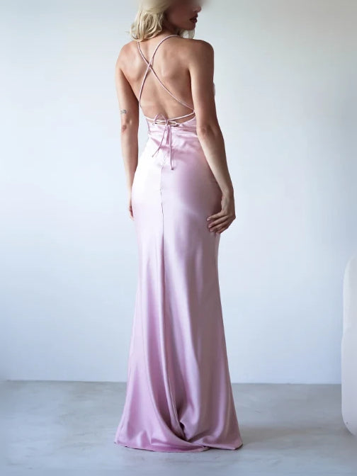 Blush pink backless mermaid maxi dress, crisscross straps with tied bow, slit