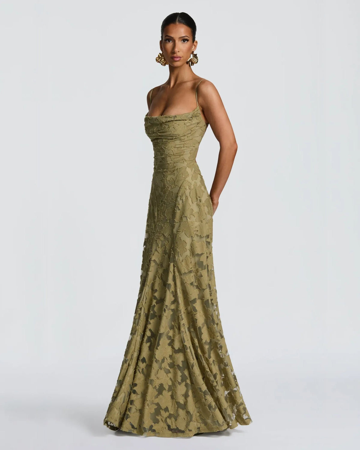 Olive floral lace A-line formal dress with sweetheart neckline and ruched bodice